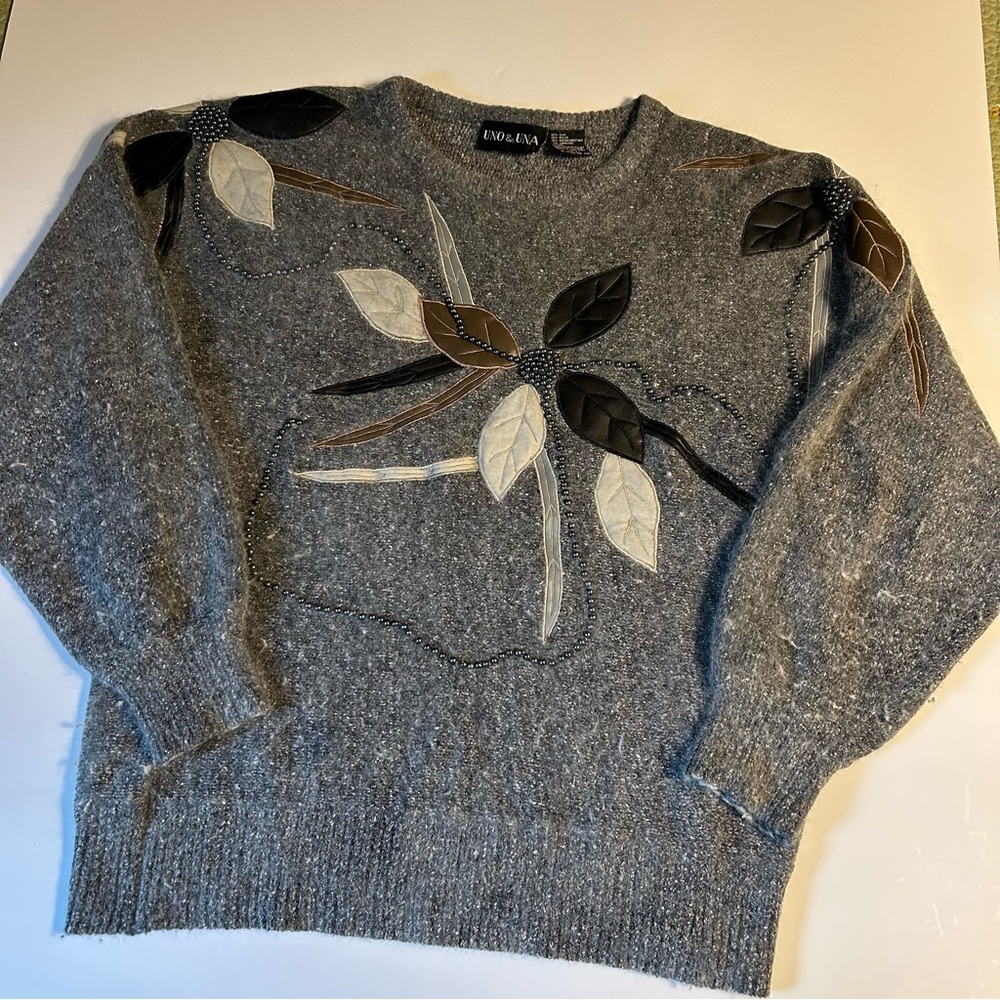 Vintage Uno & Una Sweater Women’s Large Gray Silk Angora Wool Blend‎ 80s